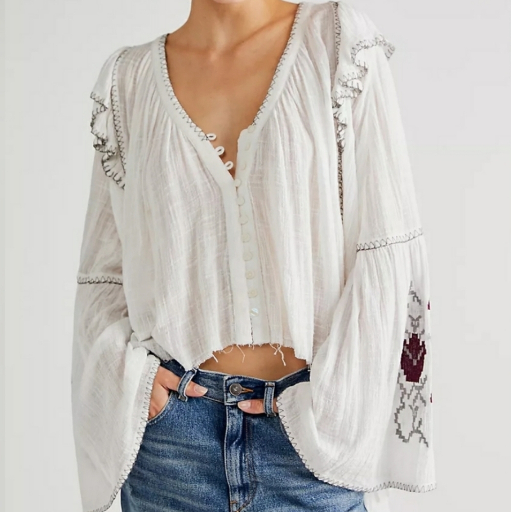 Embroidered Rosewood Blouse Ivory Comb Embroidery Roses Button Down Embellished